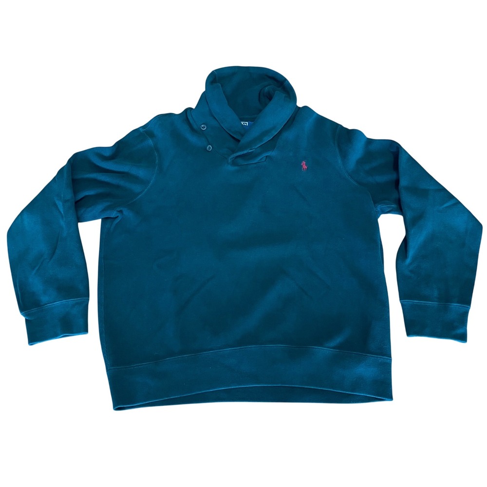 Polo Ralph Lauren XL Green Shawl Collar Pullover Sweater Cotton, red logo preppy